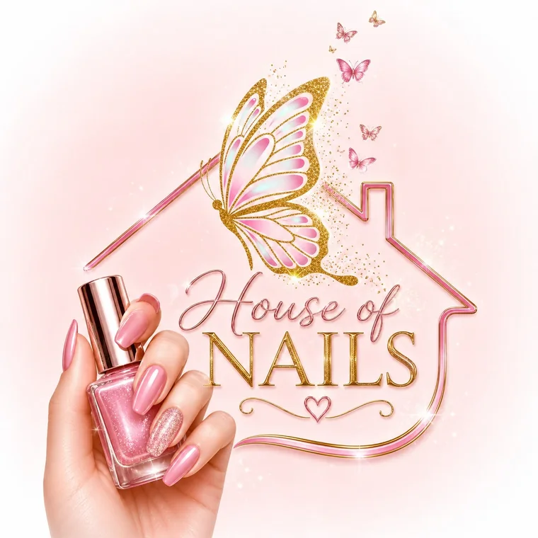 House of Nails pink and gold butterfly brand banner